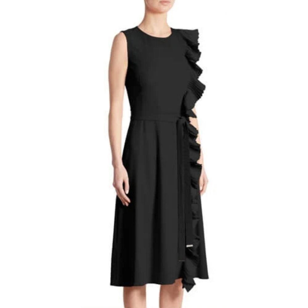Altuzarra Livinia Pleated Ruffle Trim Zip Front Midi Dress in Black